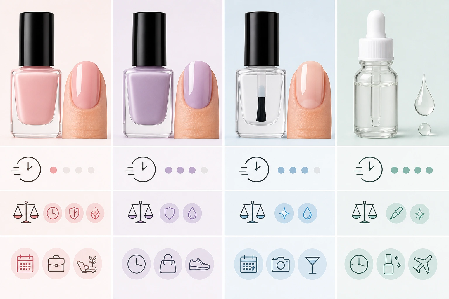 Comparison chart of regular polish, quick-dry polish, top coat, and drying drops