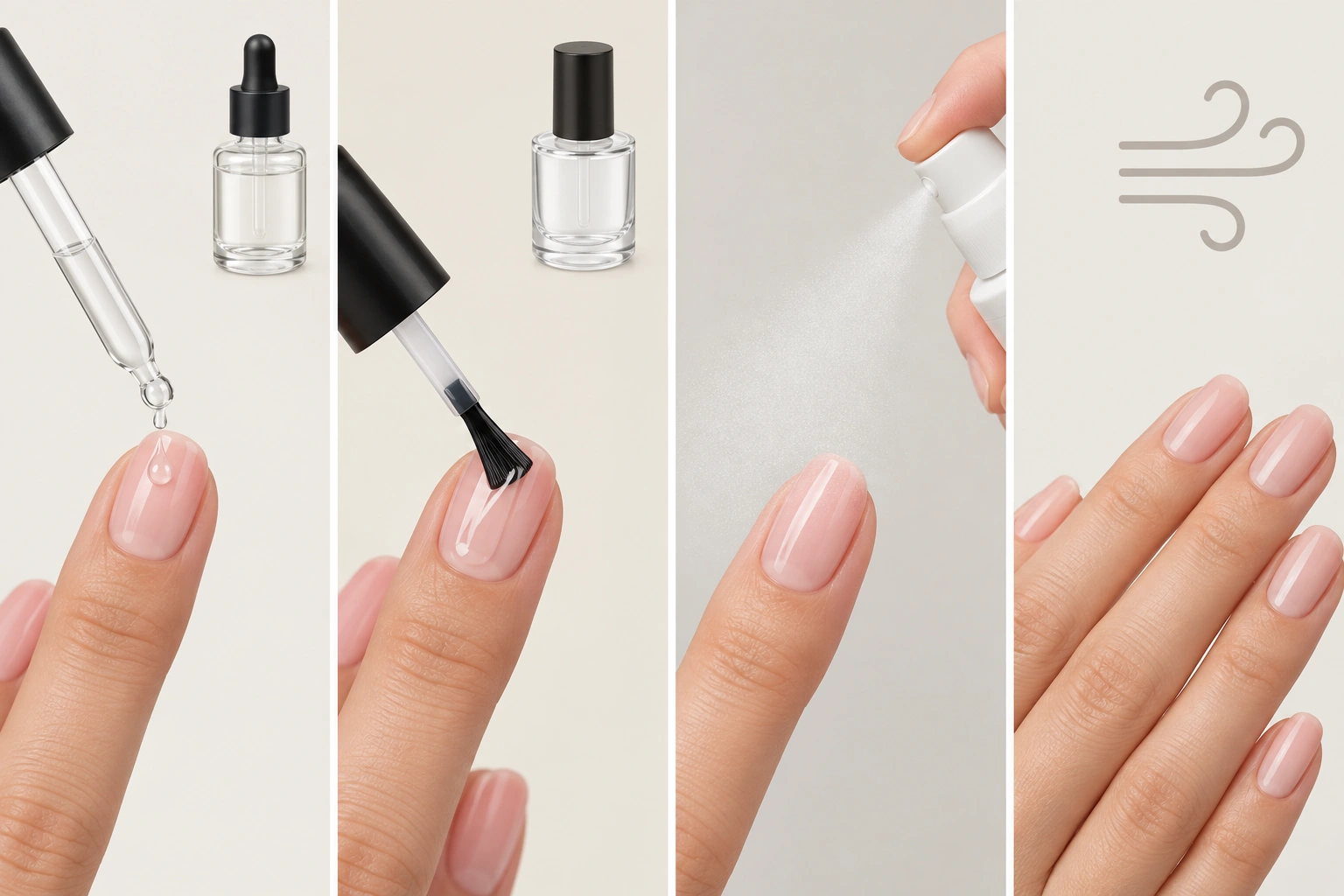 Comparison of drying drops, quick-dry top coat, drying spray, and air drying