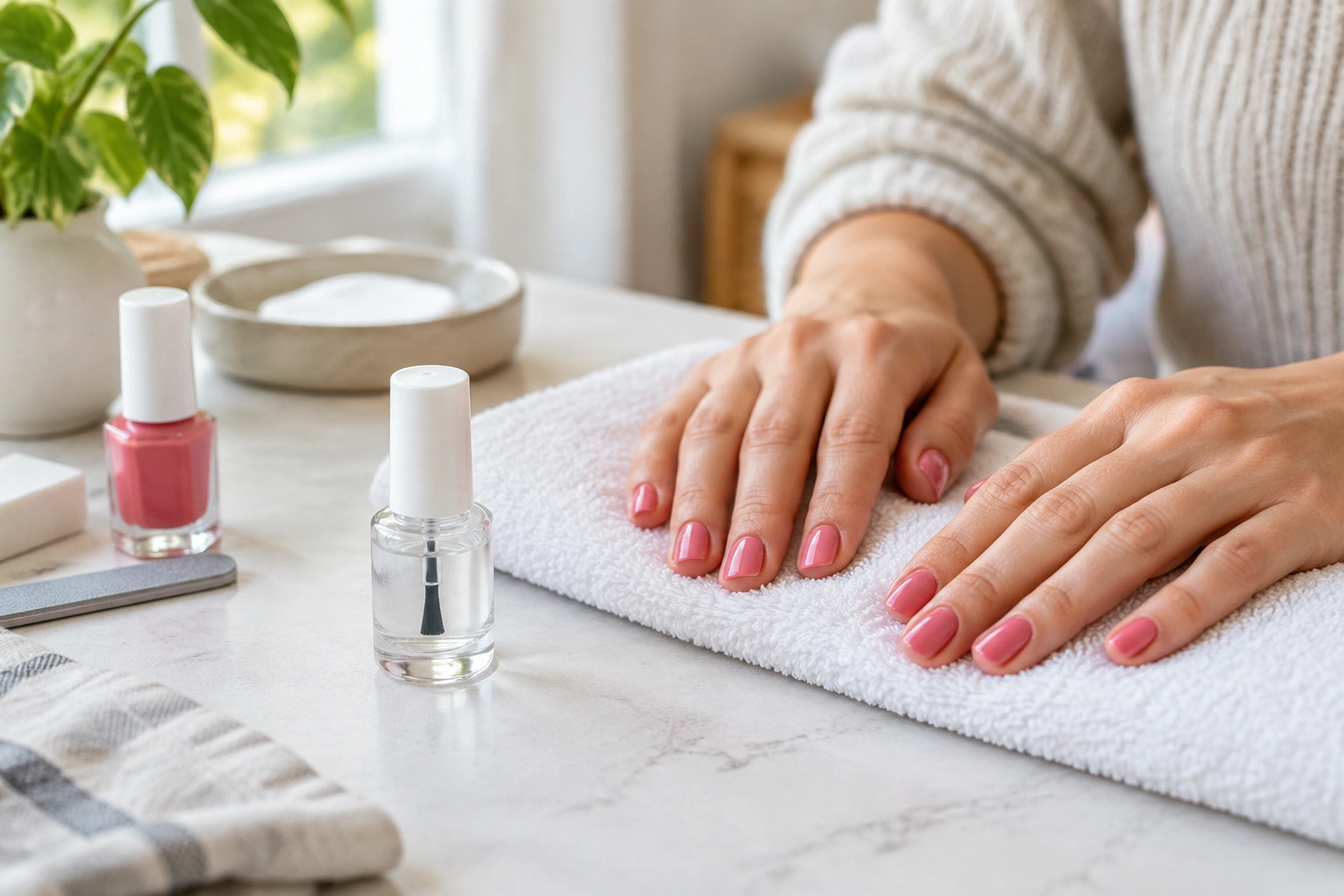 Bottle of nail polish drying drops beside freshly painted nails