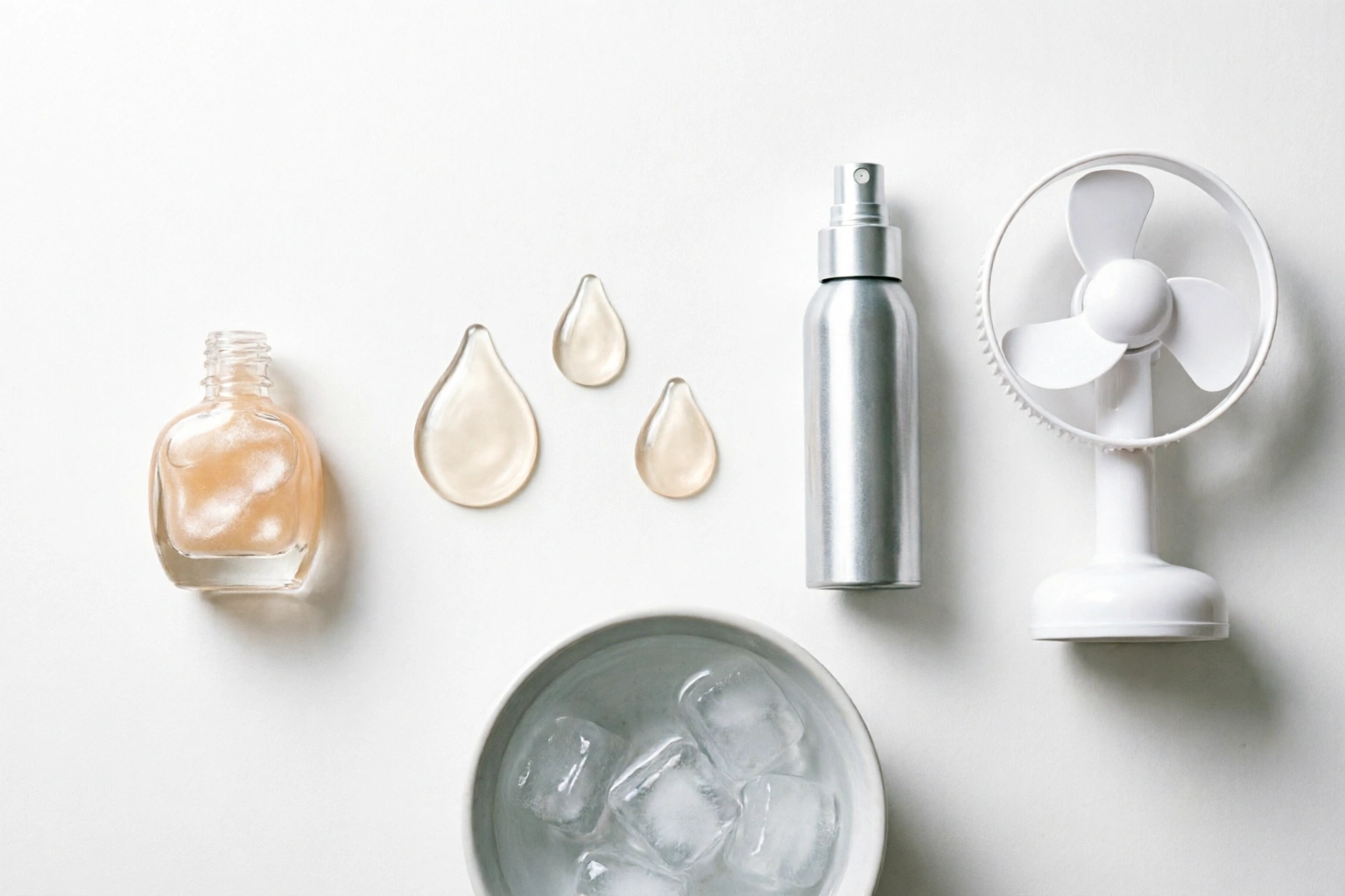 Nail drying products including top coat drops spray and a fan arranged beside a bowl of ice water