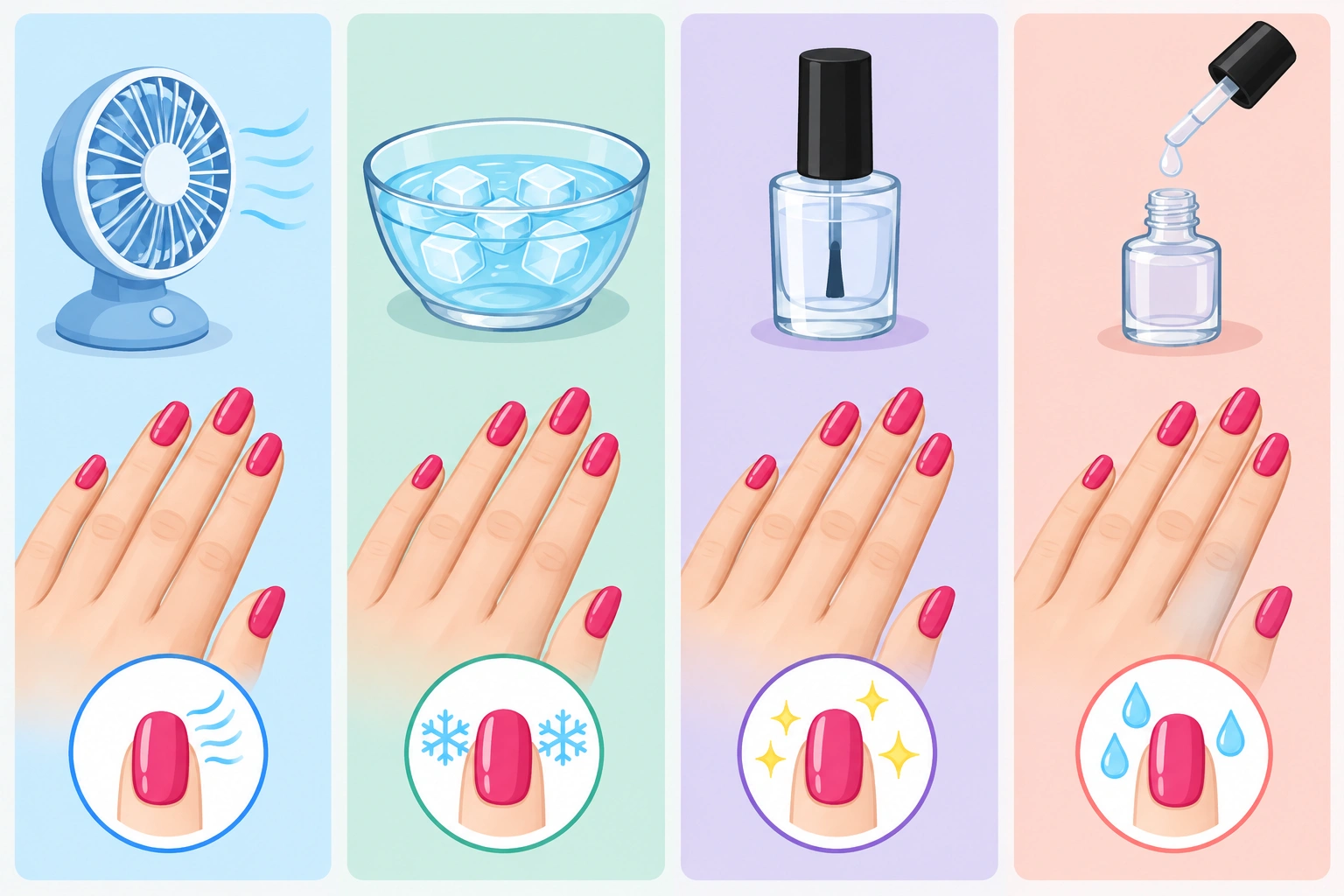 Comparison chart of fan drying, cold water, quick-dry top coat, and drying drops