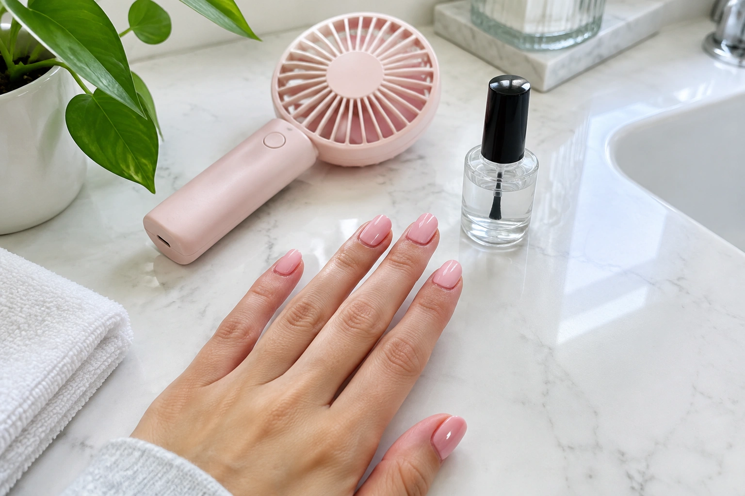 Beginner nail polish drying setup with fan and top coat