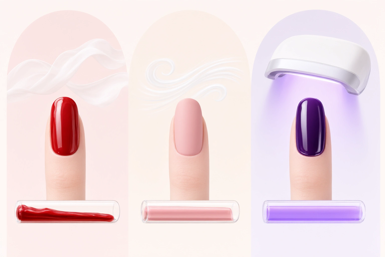 Comparison chart-style image showing regular polish, quick-dry polish, and gel polish drying differences