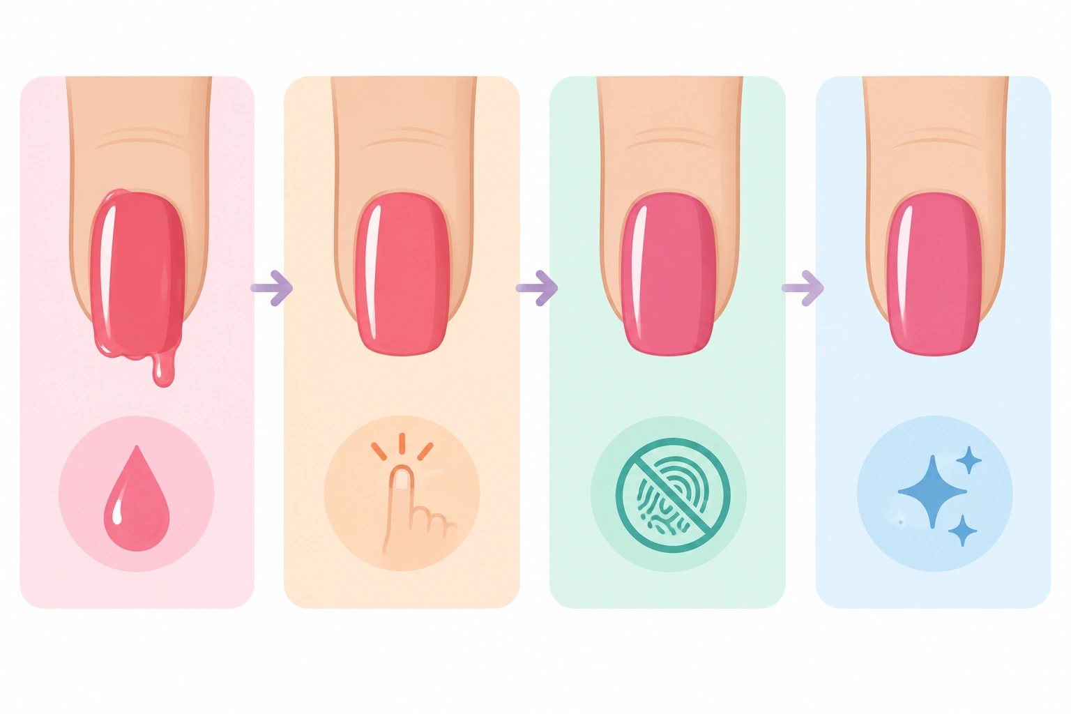 Beginner nail polish drying timeline showing wet, dry to the touch, and fully dry stages