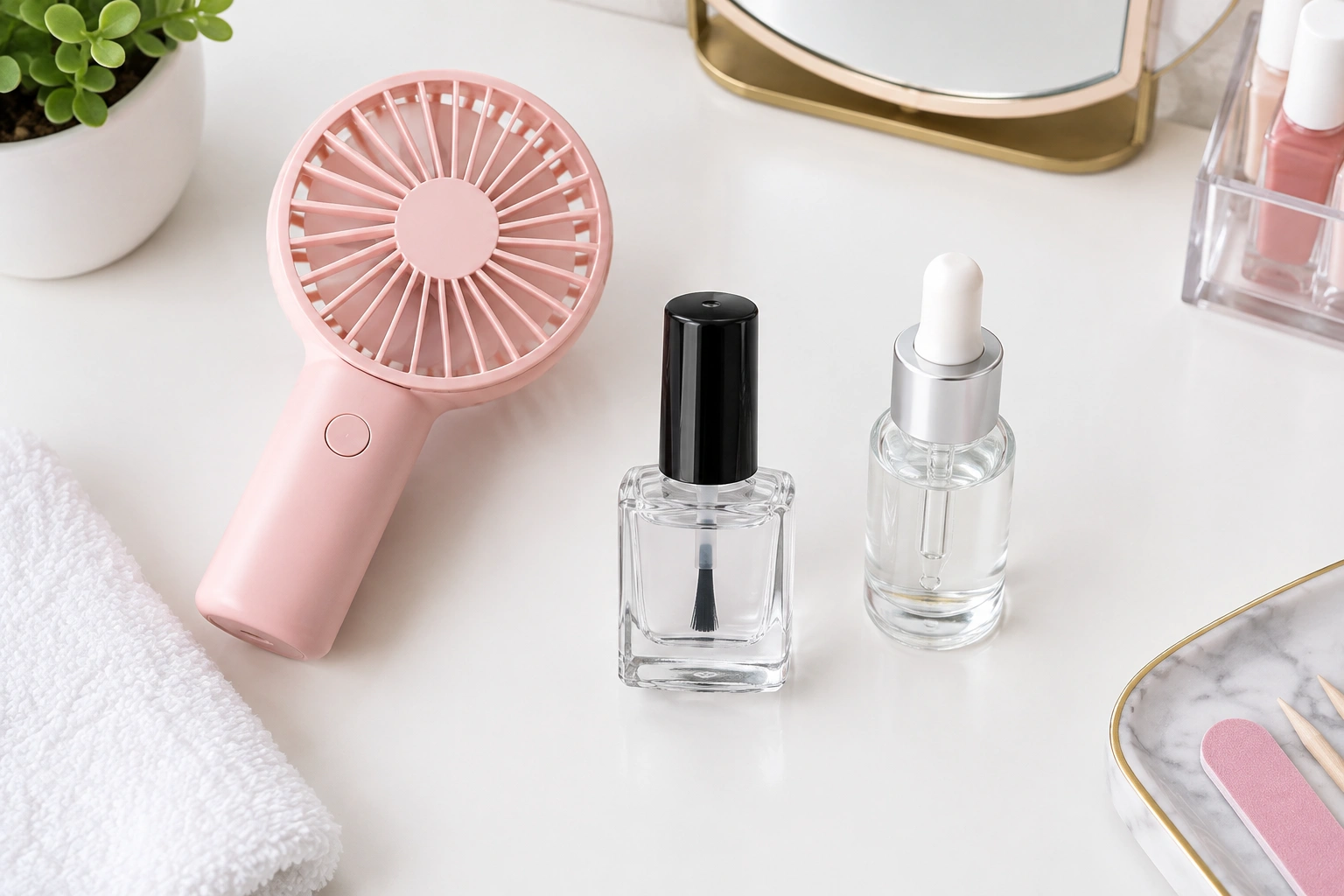 Nail polish drying tools including fan, quick-dry top coat, and drops