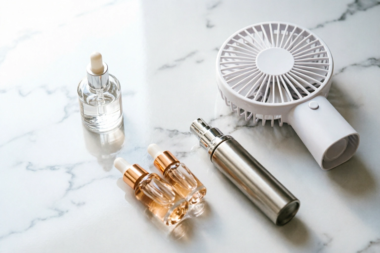Nail polish drying tools including quick-dry top coat, drying drops, and a fan