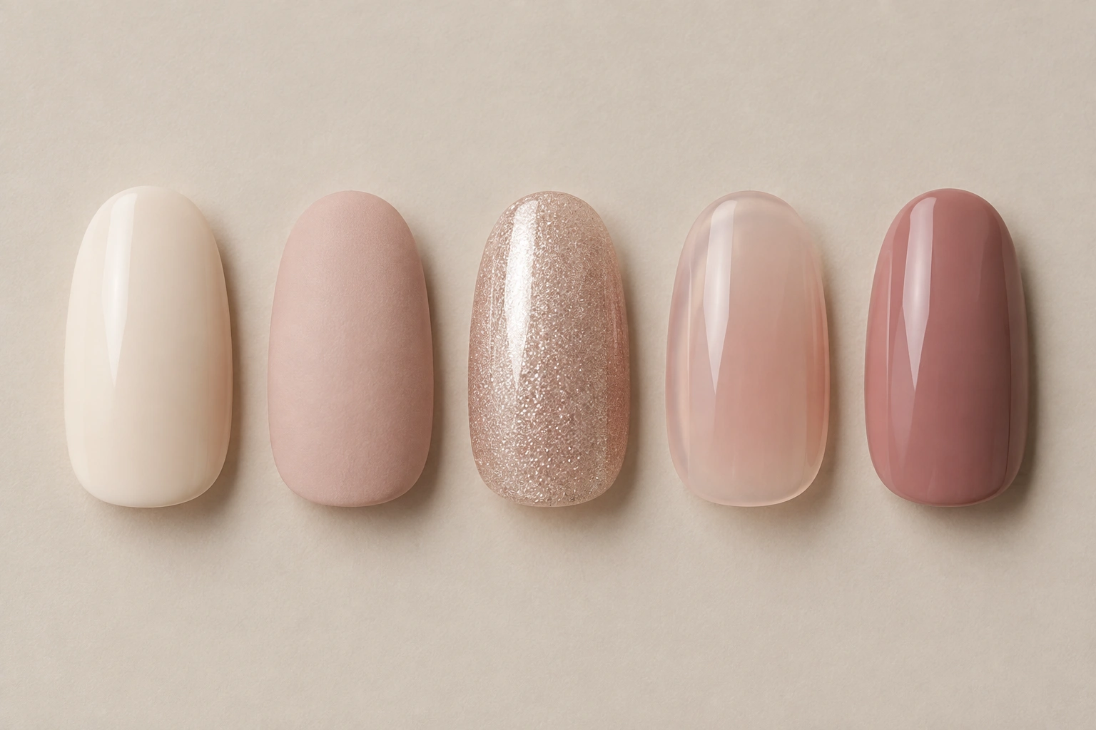 Nail swatches showing cream, matte, shimmer, sheer, and opaque finishes