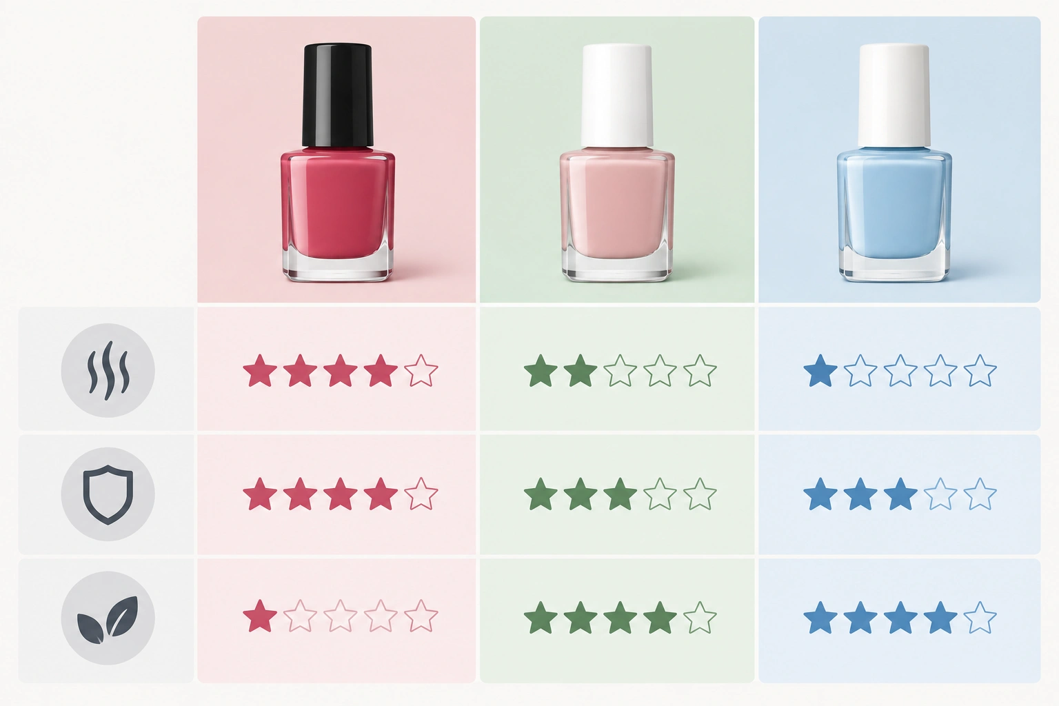 Comparison chart of regular, free-from, and water-based nail polish
