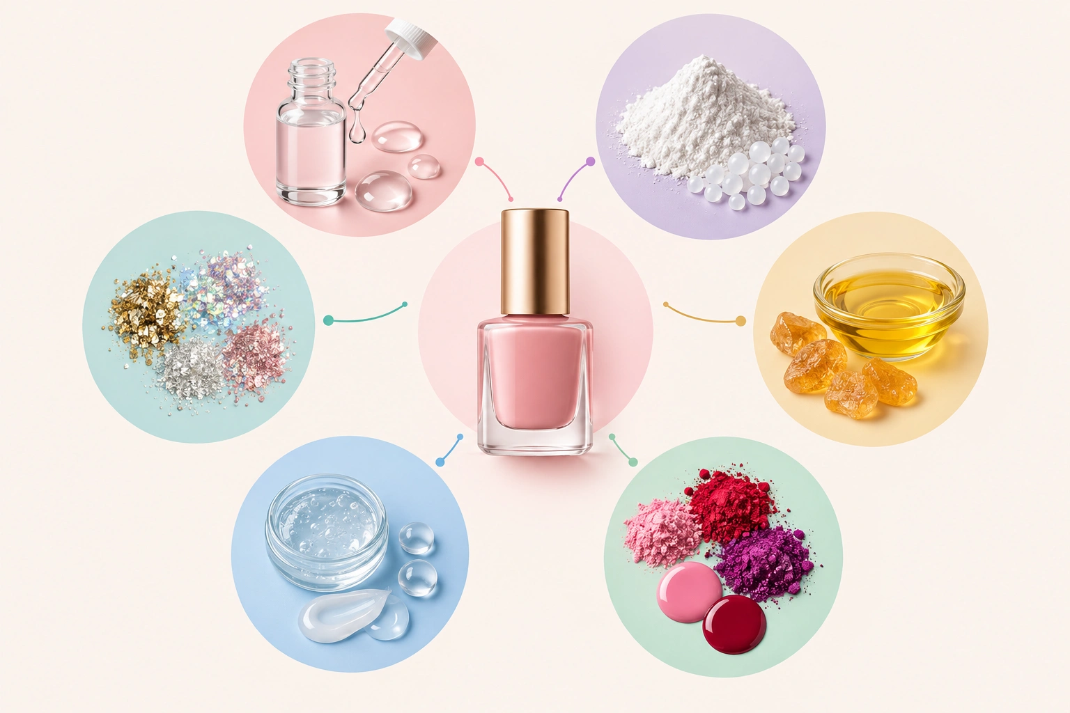 Diagram of nail polish ingredient categories including solvents, film formers, resins, plasticizers, pigments, and suspending agents