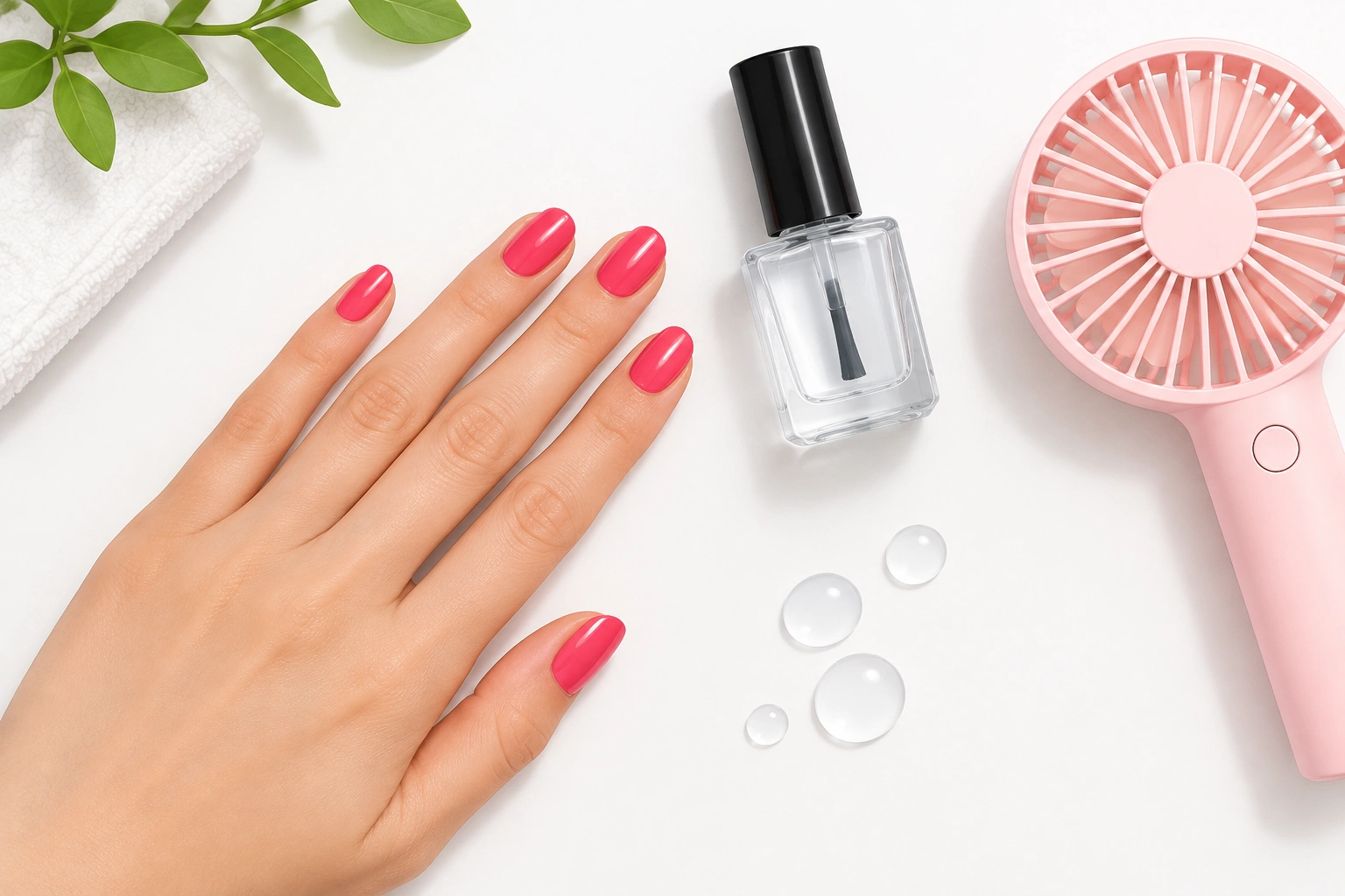 Nail polish drying tools including quick-dry top coat and gentle airflow