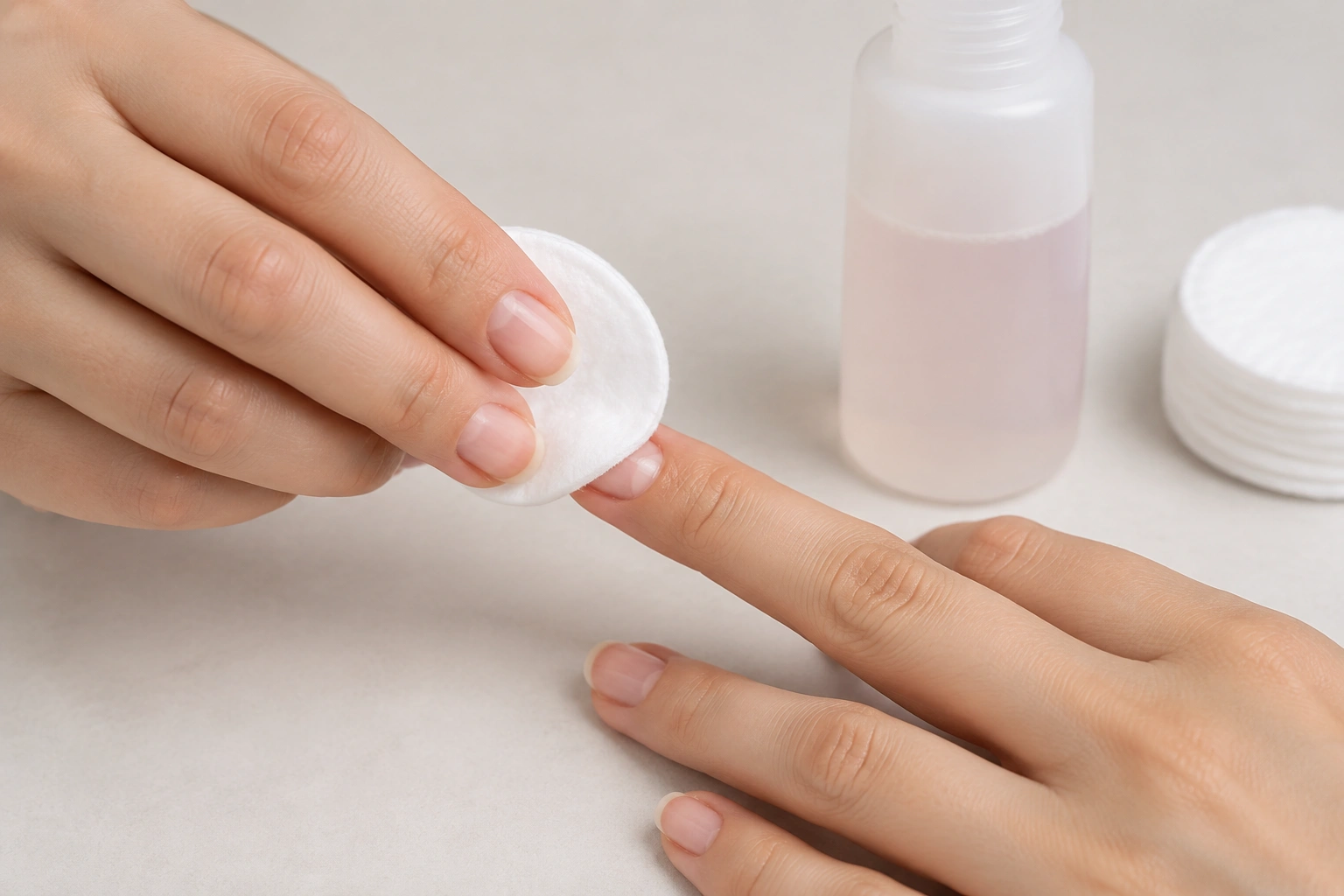 Cotton pad pressing nail polish remover on a nail