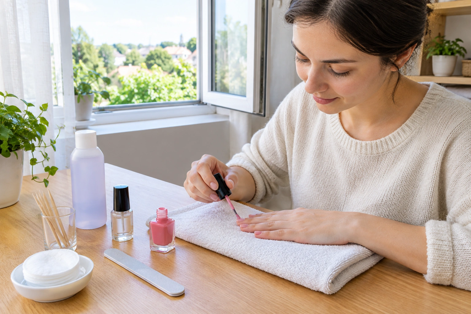 Beginner painting nails near an open window with polish and remover nearby