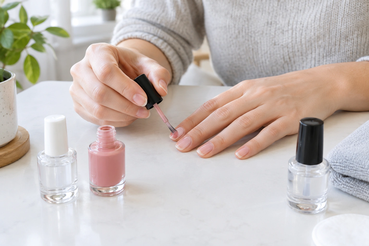 Beginner applying thin nail polish coats to prevent smudging while drying