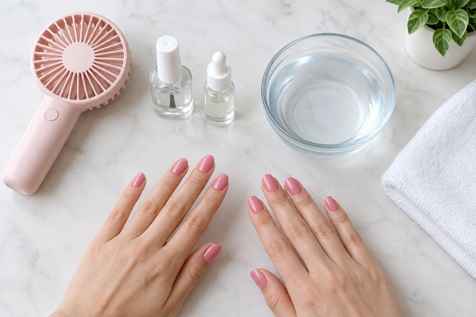 Comparison of safe nail polish drying methods including fan, quick-dry top coat, and drying drops
