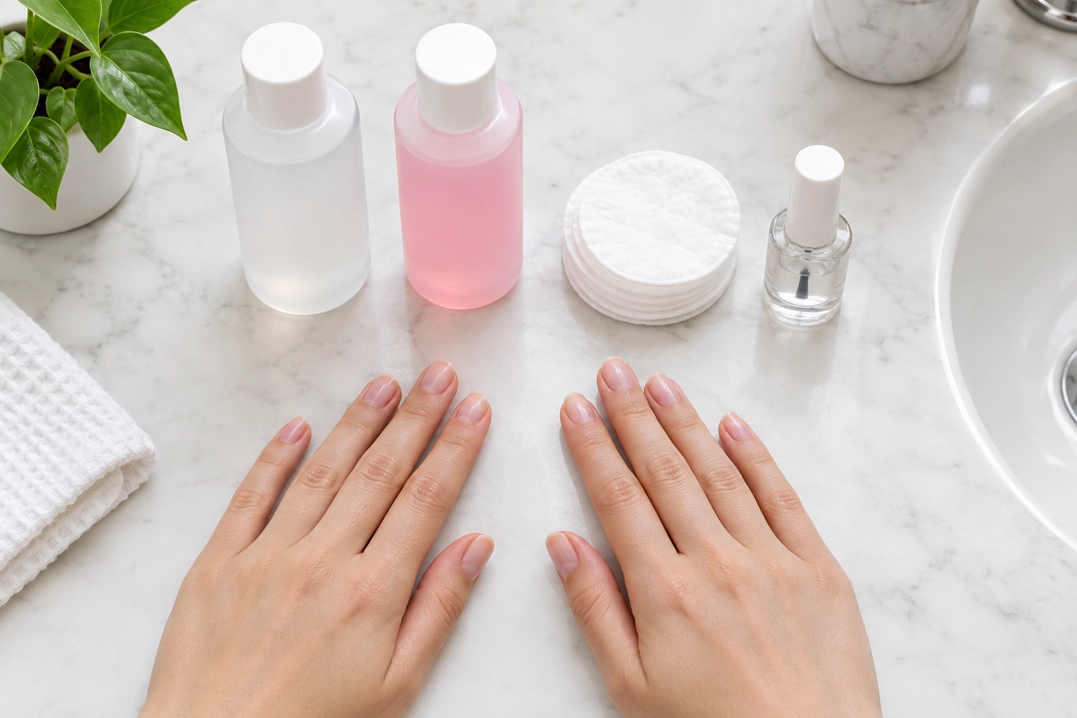 Beginner comparing acetone remover and non-acetone remover for stained natural nails