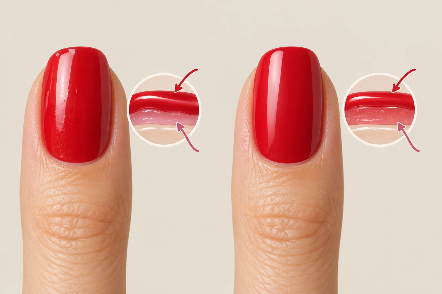 Beginner comparing surface-dry nail polish with fully dry nail polish