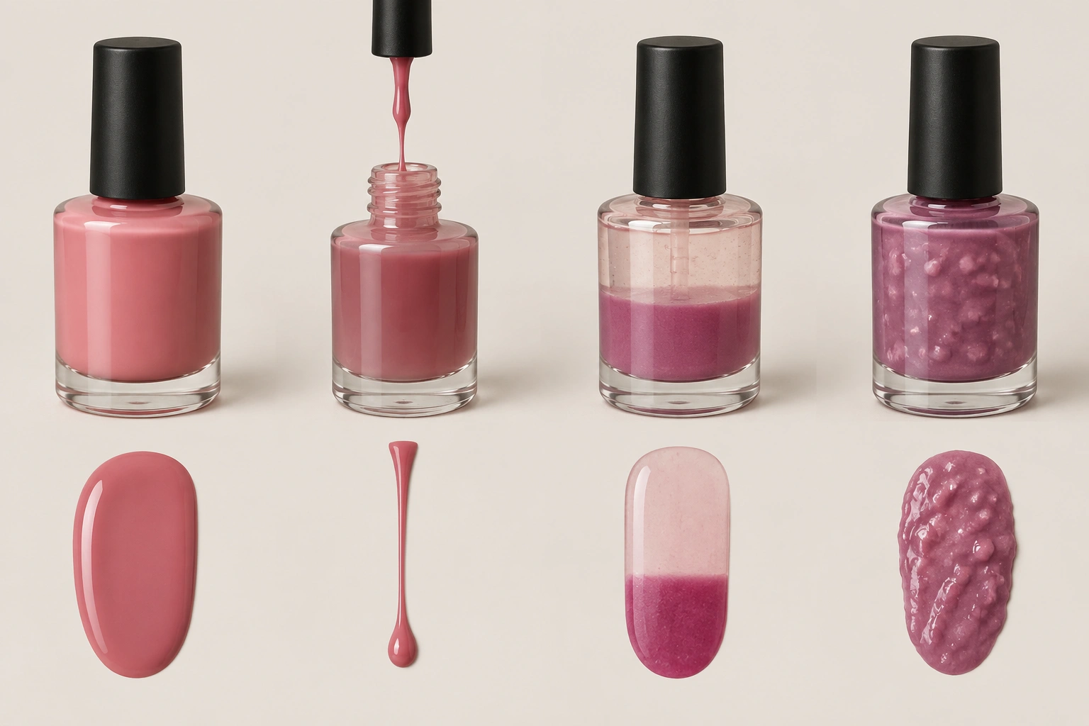 Comparison of thick, stringy, separated, and lumpy nail polish textures