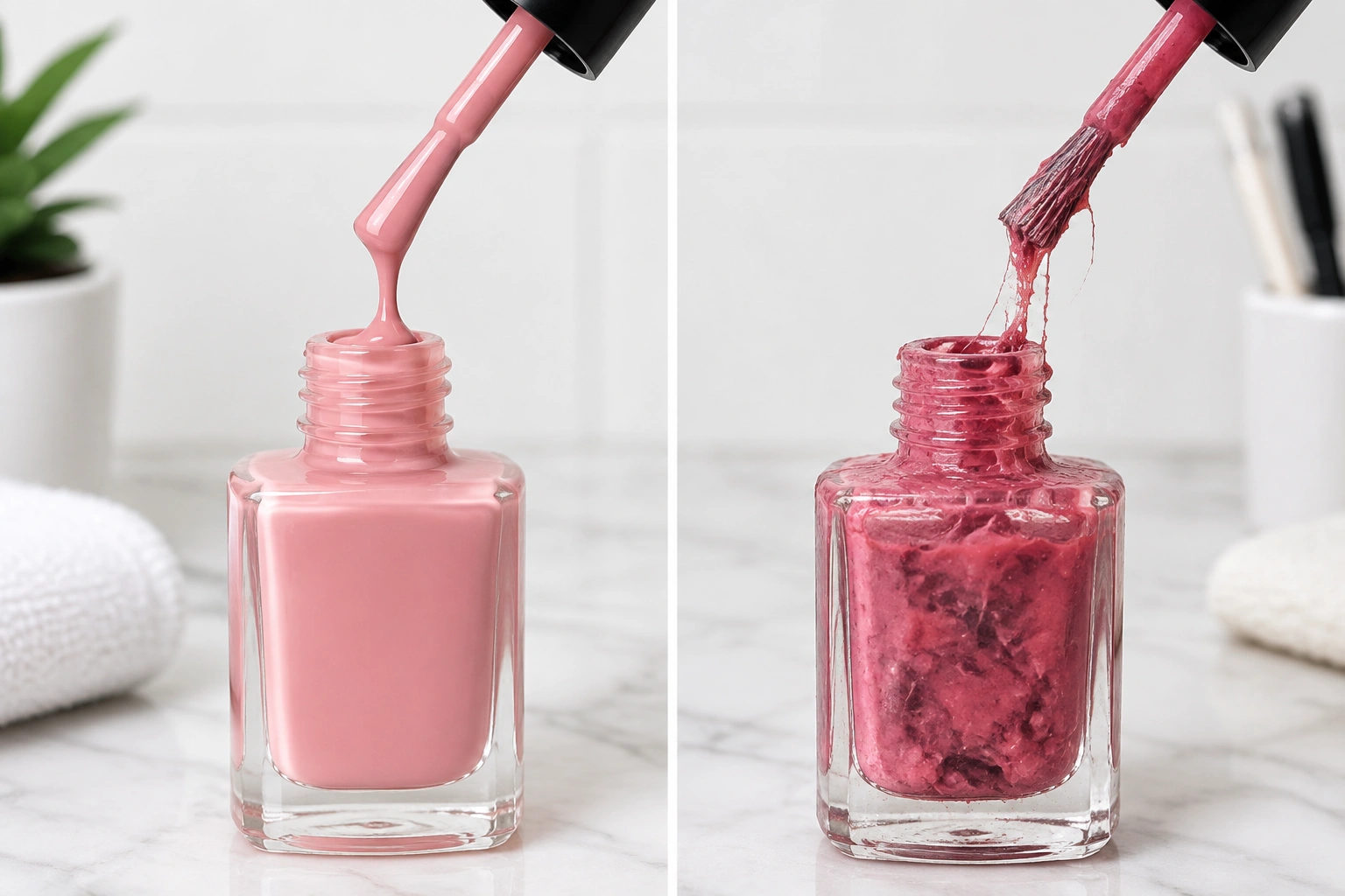 Comparison of thick but usable polish and expired clumpy polish