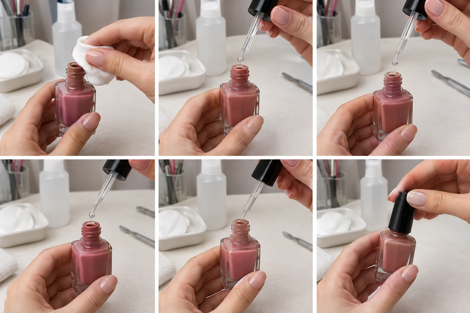 Person cleaning a nail polish bottle neck and adding thinner carefully
