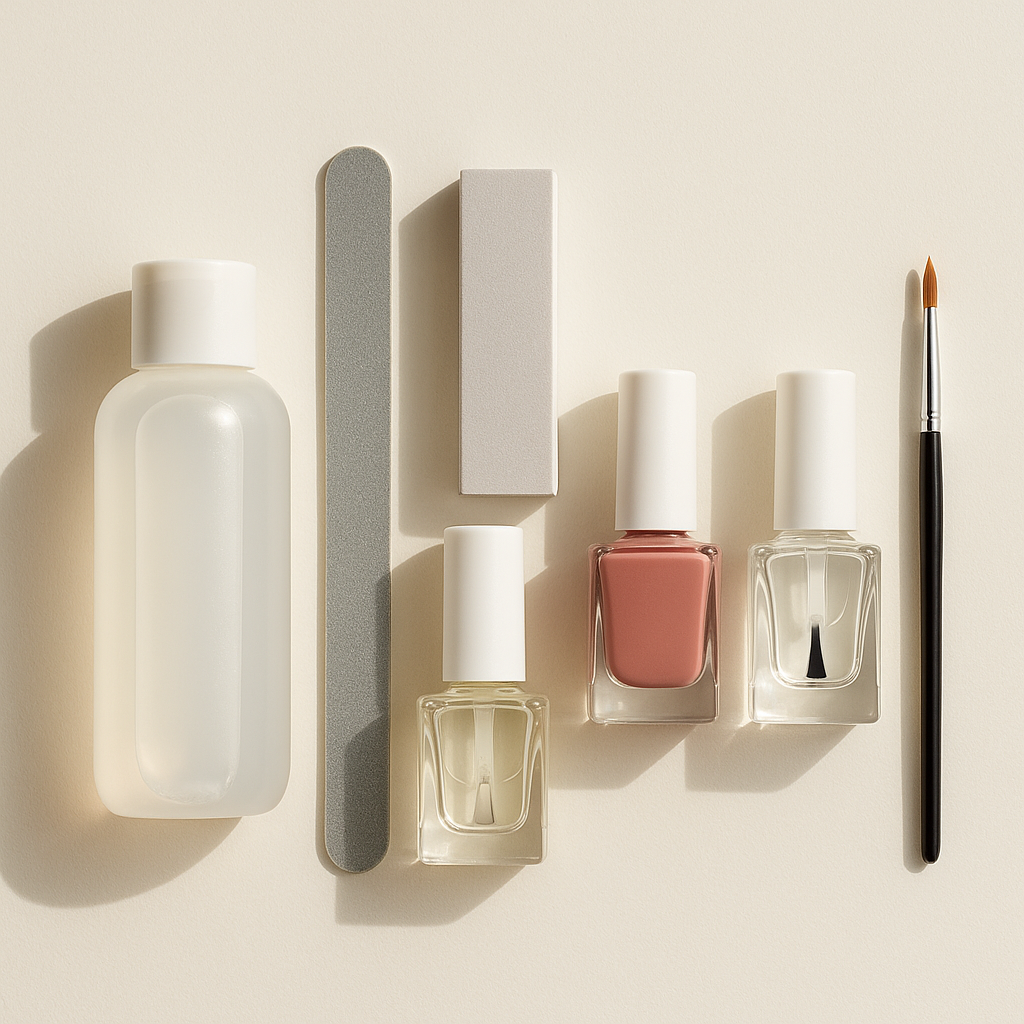 Flat lay of nail polish application tools for a home manicure