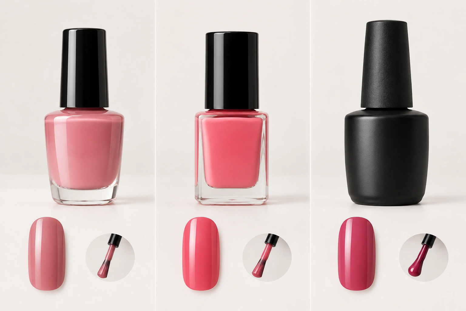 Comparison of regular polish, quick-dry polish, and gel polish bottles