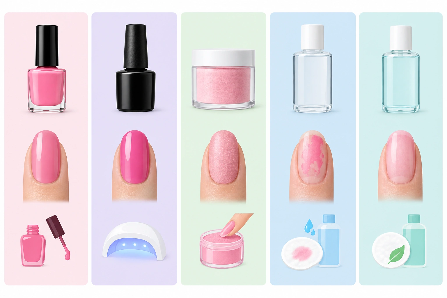 Comparison layout showing regular polish gel polish dip powder acetone remover and non-acetone remover