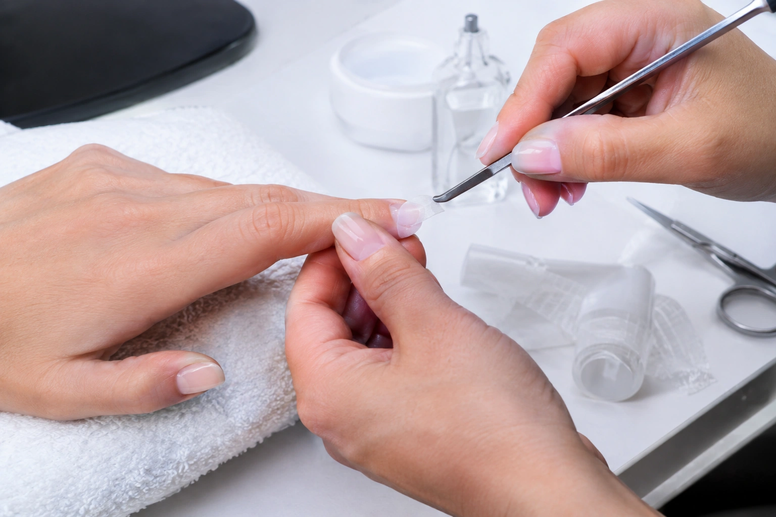 Technician repairing a cracked nail in a salon