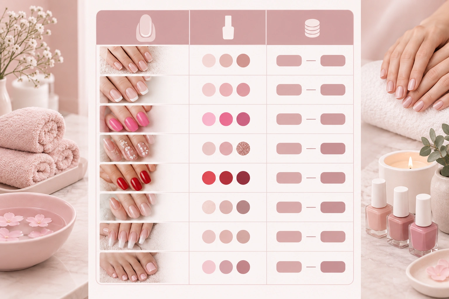 Comparison of nail salon service prices including manicures, gel nails, acrylics, and pedicures