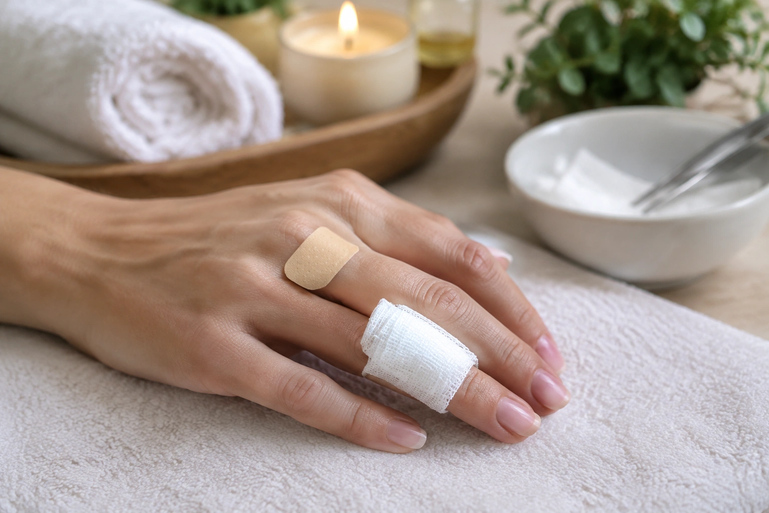 Hand with a small bandage after a nail salon cut