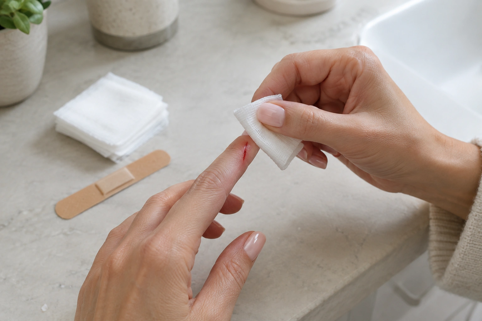 Hand cleaning a small nail salon cut with a bandage nearby