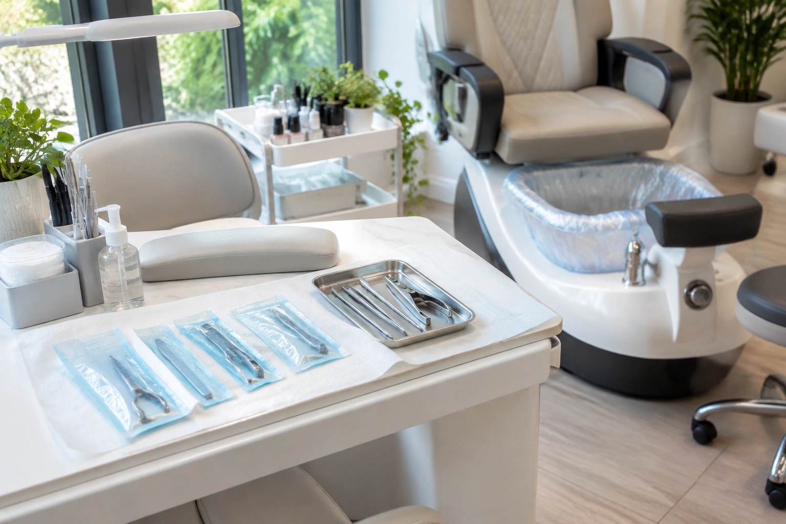 Clean nail salon station with sealed tools and sanitized foot bath