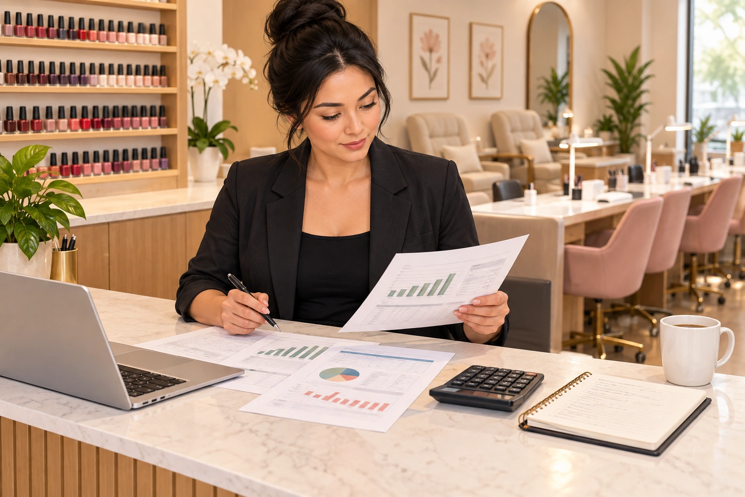 Illustration of a nail salon owner reviewing revenue and profit numbers