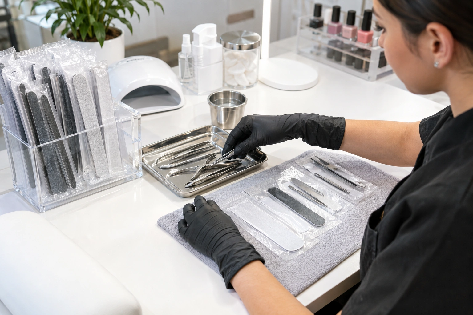 Nail technician preparing sanitized and single-use manicure tools