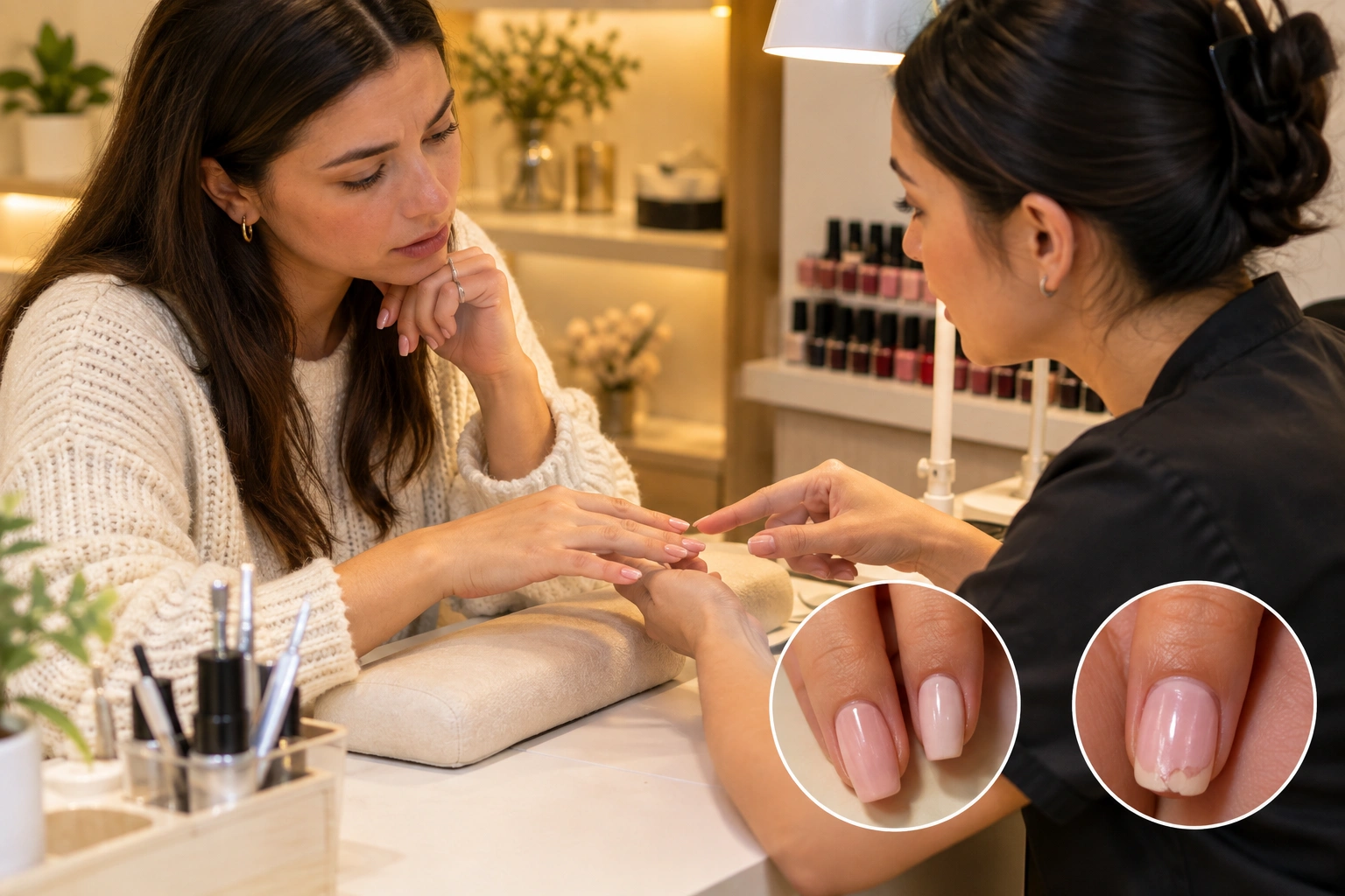 Comparing a salon mistake versus normal nail wear after a manicure
