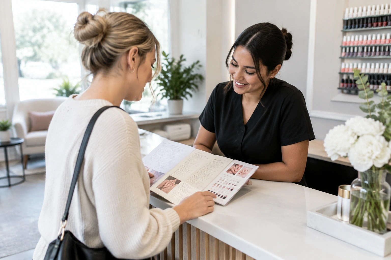 Client checking a nail salon service menu before a manicure