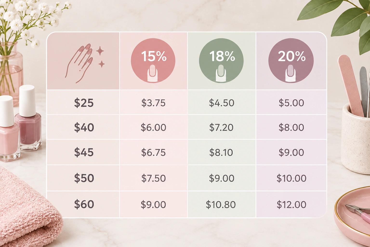 Chart showing 15, 18, and 20 percent tips for common nail salon service prices