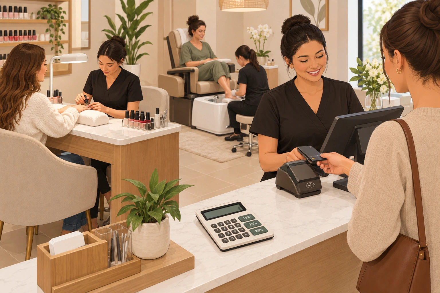 Nail salon tipping guide showing common tip ranges