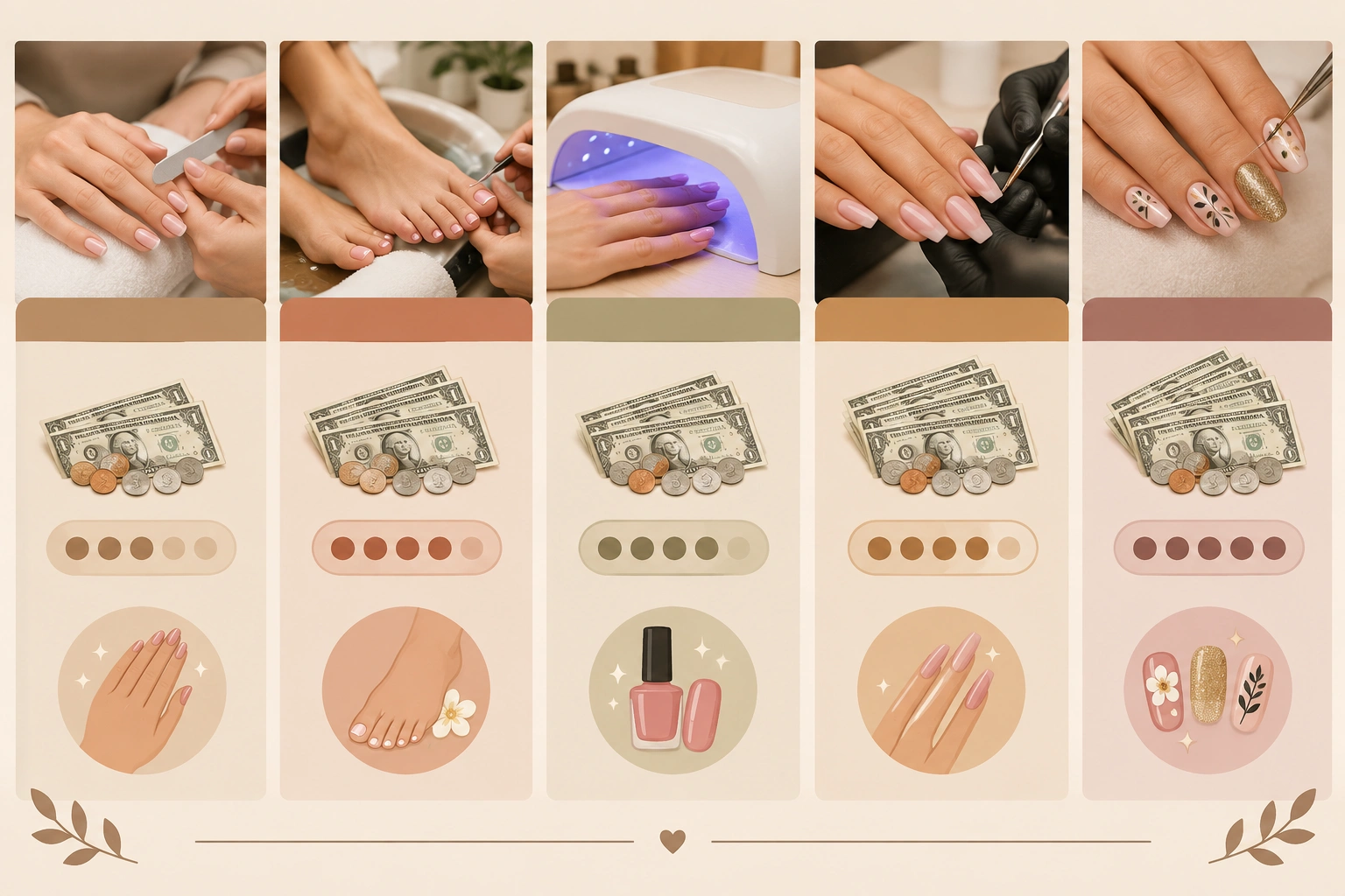 Simple chart showing 15 to 20 percent nail salon tip examples