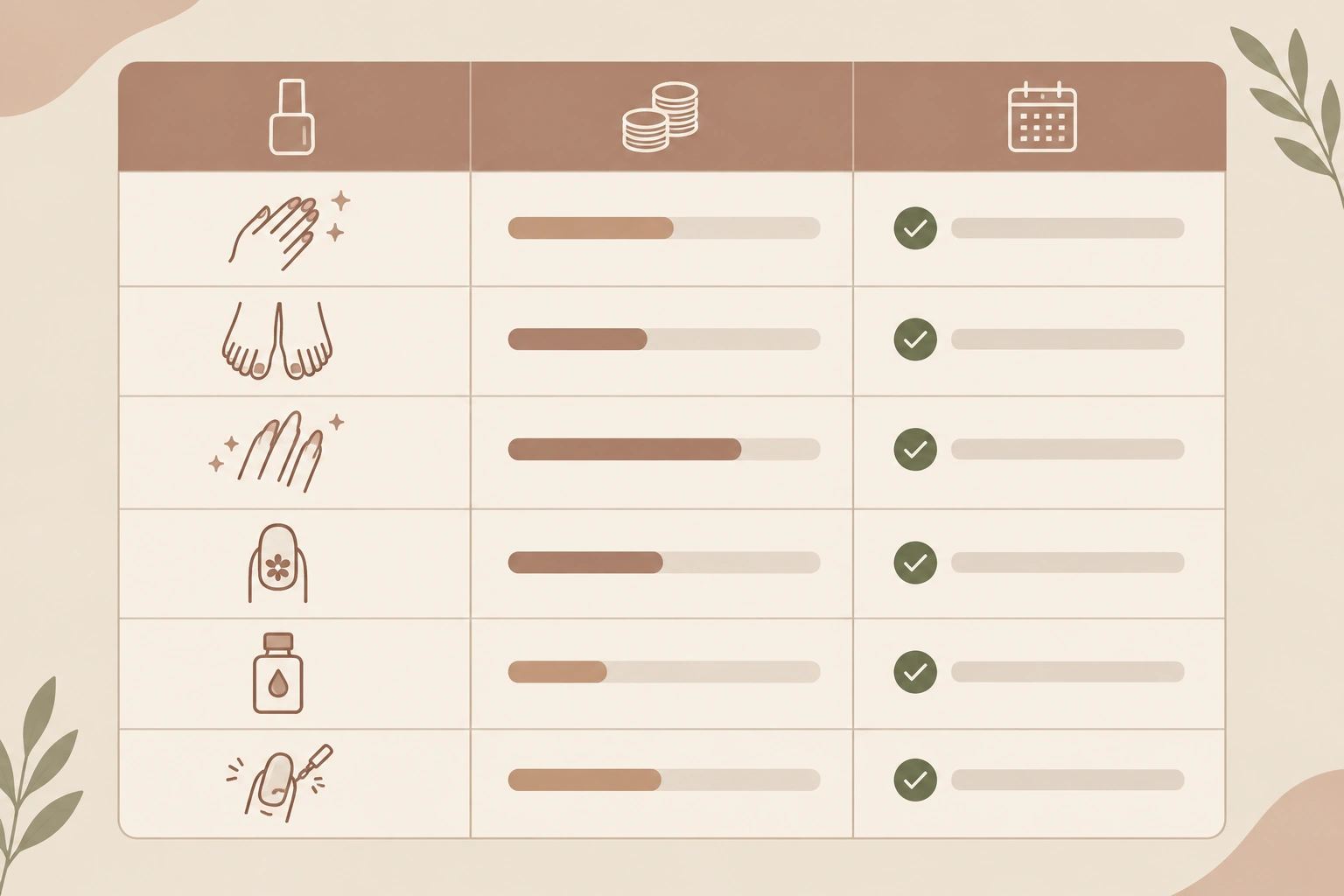Table showing common tip ranges for manicure, pedicure, gel, acrylic, and nail art services