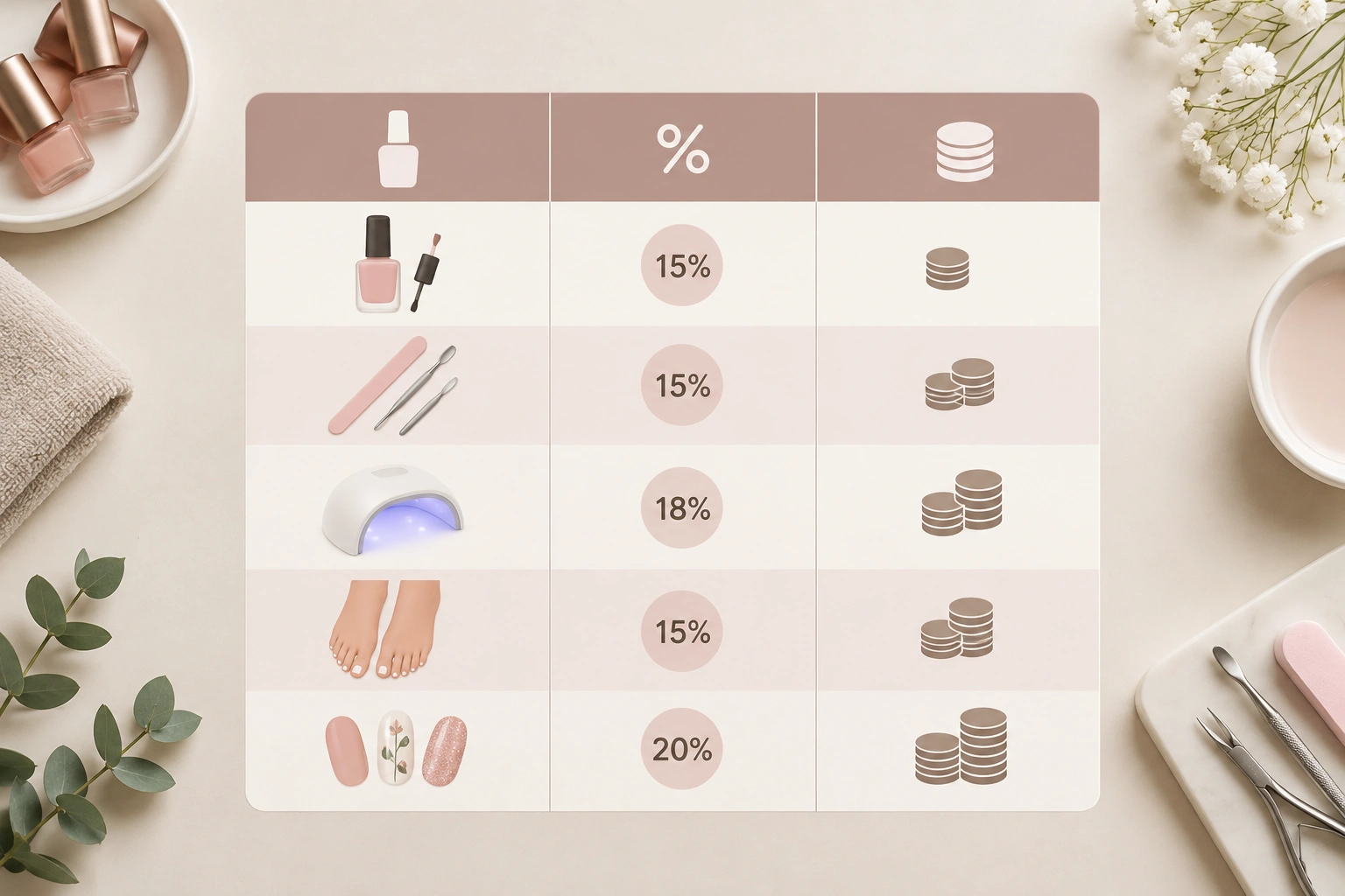 Nail salon tipping chart showing 15 percent to 20 percent ranges