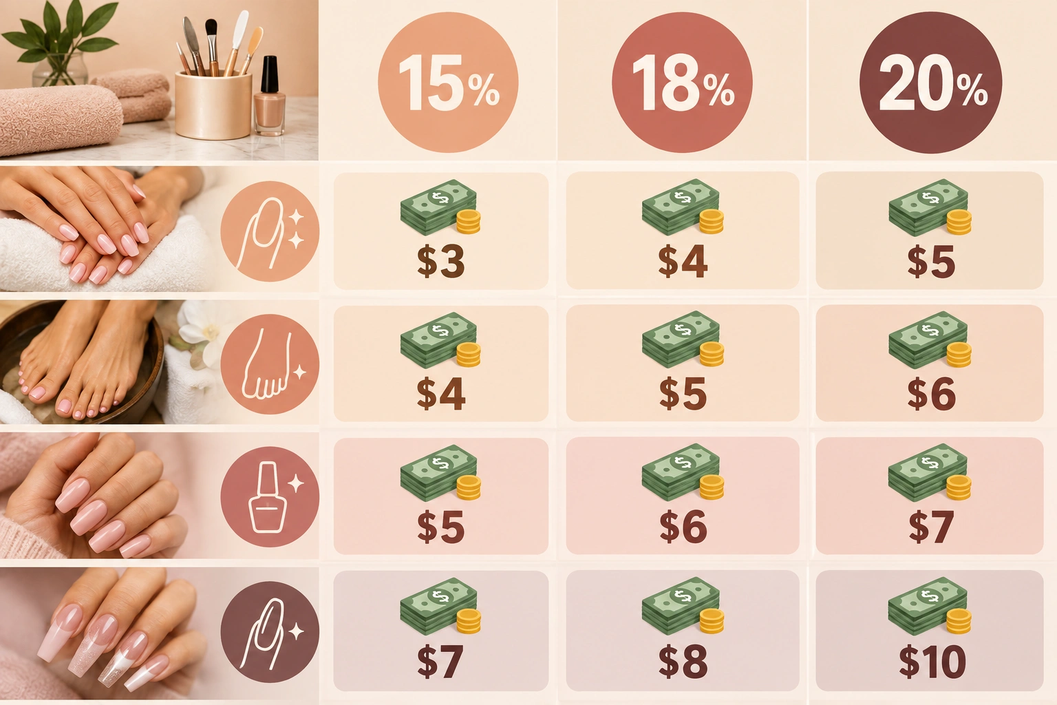 Nail salon tipping guide showing 15, 18, and 20 percent examples