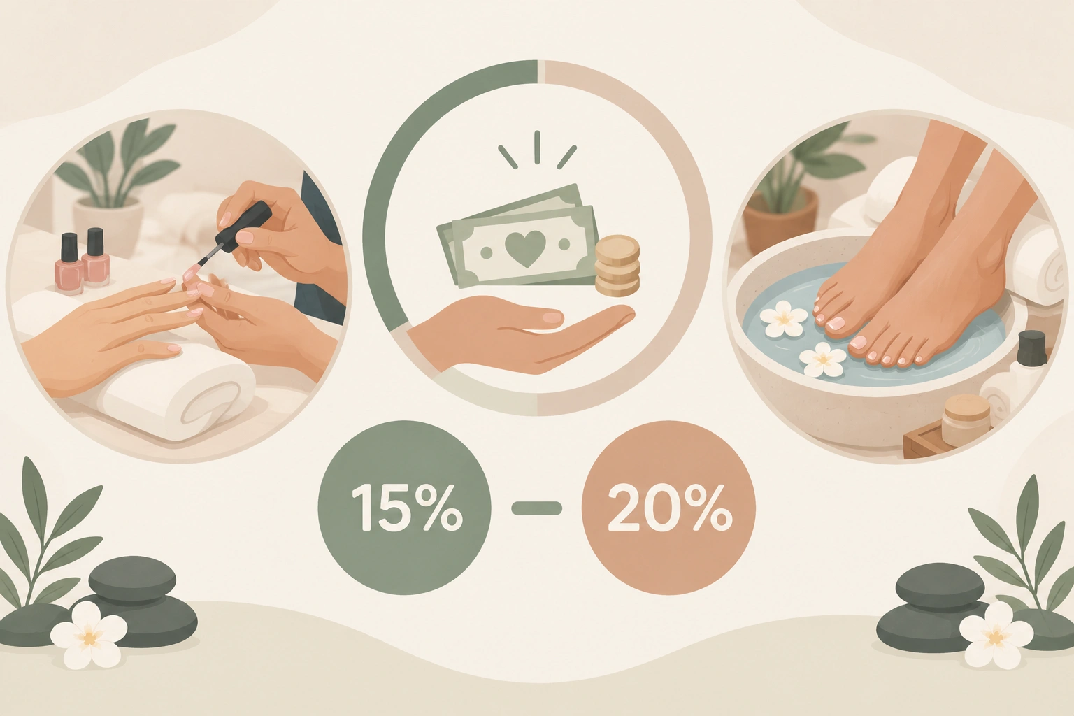 Nail salon tipping guide showing 15 to 20 percent range