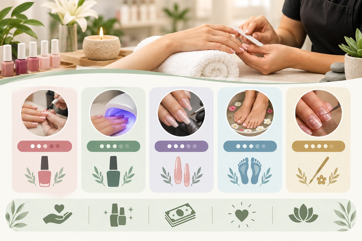 Chart showing typical nail salon tip percentages for manicure, pedicure, gel, and acrylic services