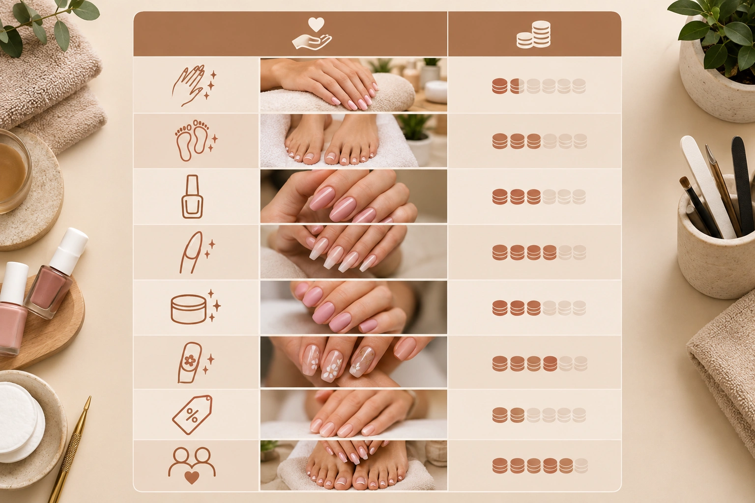 Table showing standard tip ranges for manicure, pedicure, gel, acrylic, and nail art services