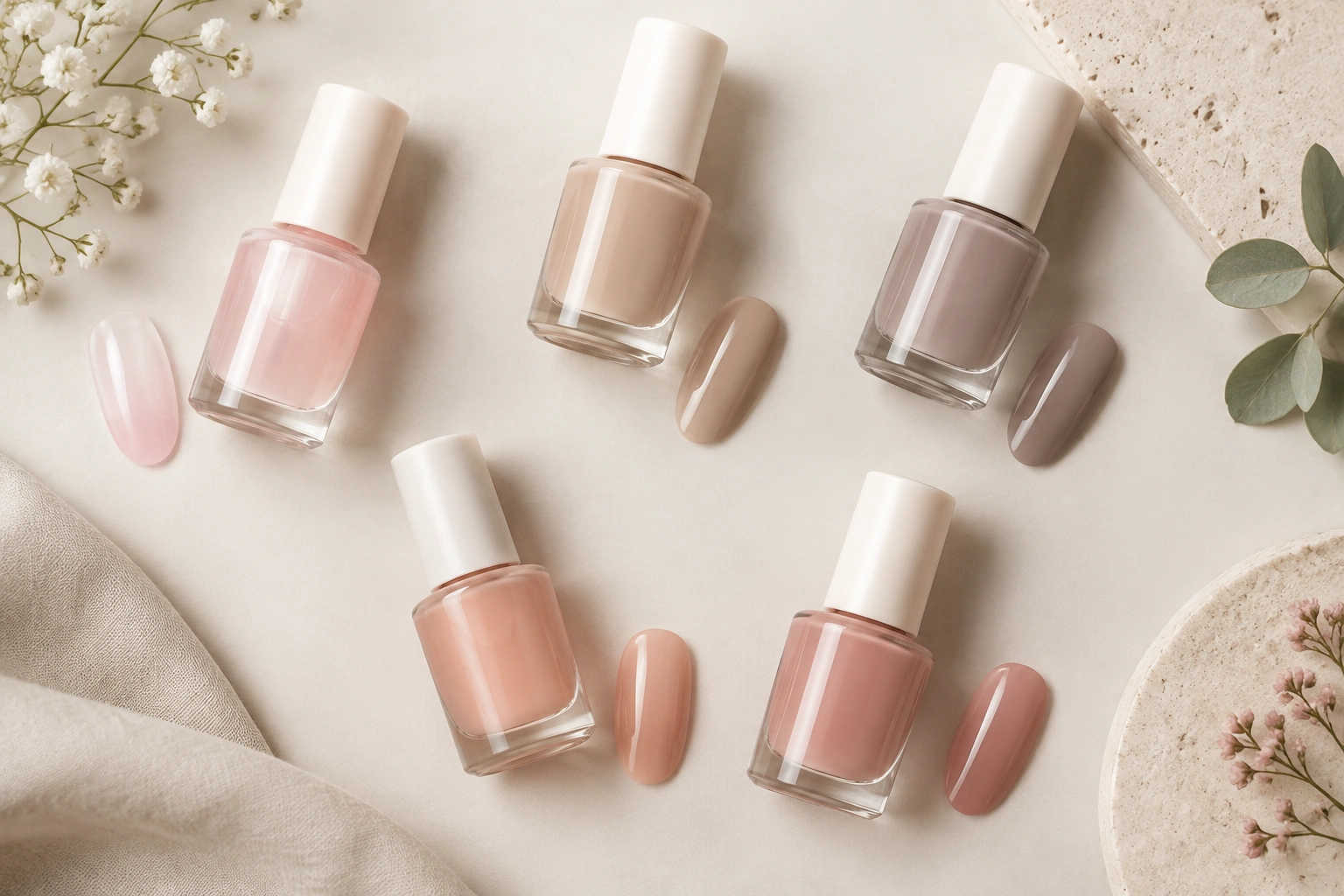 A curated palette of natural-looking nude and sheer nail colors