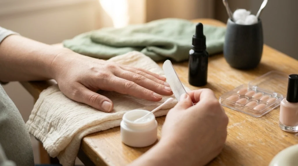 Pregnant person choosing natural nail care instead of using nail dehydrator during pregnancy.
