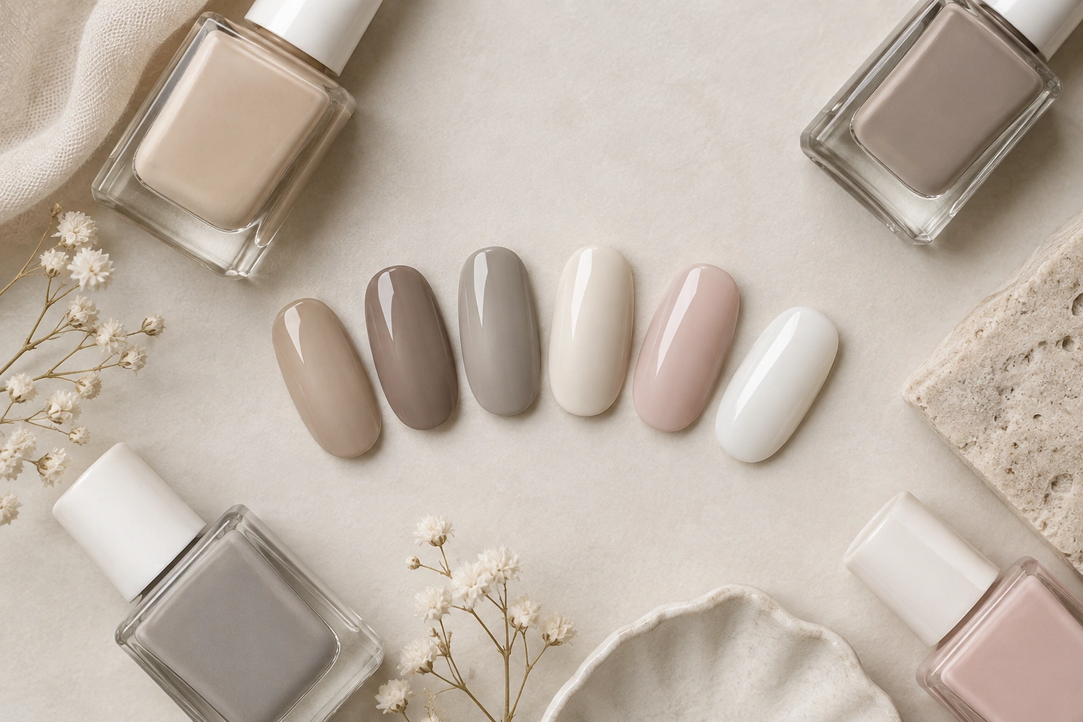 Neutral nail color combinations arranged like a mood board