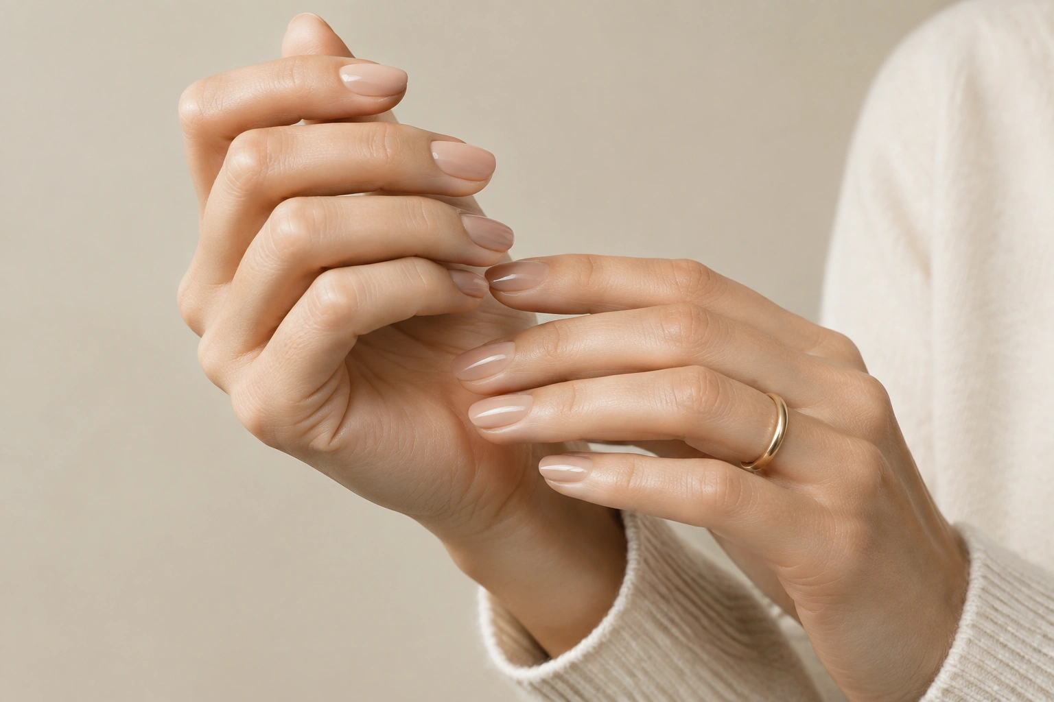 Chic neutral nail polish colors on neatly shaped nails