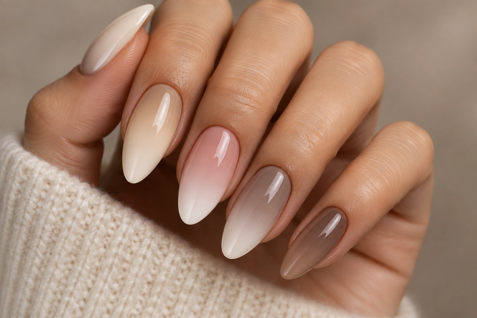 Neutral ombre and gradient nail combinations on almond nails