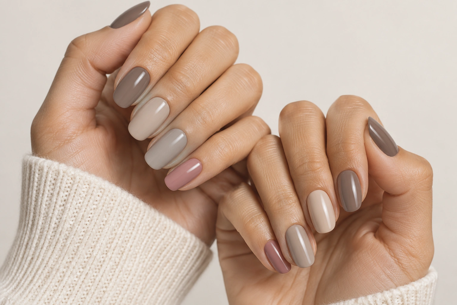Nail color swatches in taupe, beige, greige, and dusty rose on neutral skin